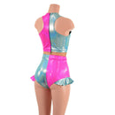 Seafoam and Pink Quad Color Blocked Romper with Mesh Waistband - Coquetry Clothing