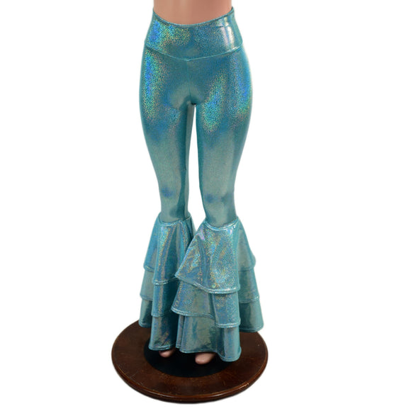 Seafoam Holographic High Waist Triple Tier Bell Bottom Flares - Coquetry Clothing