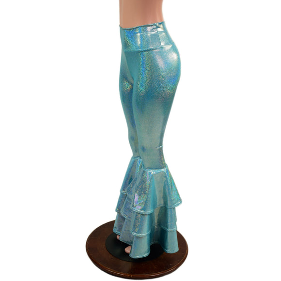Seafoam Holographic High Waist Triple Tier Bell Bottom Flares - Coquetry Clothing