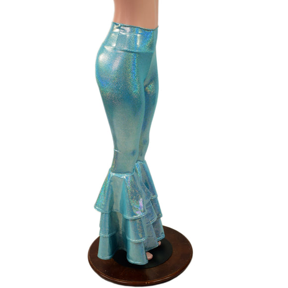 Seafoam Holographic High Waist Triple Tier Bell Bottom Flares - Coquetry Clothing