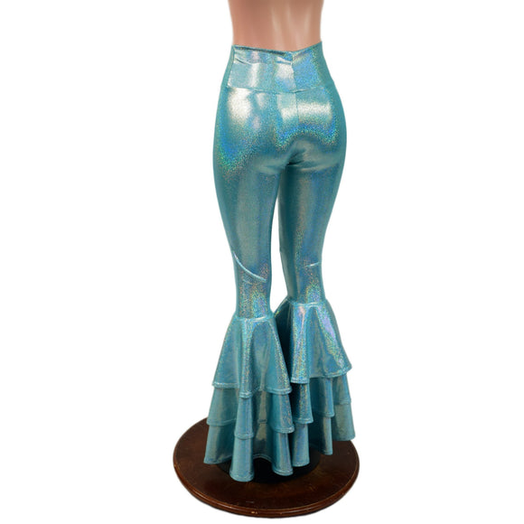 Seafoam Holographic High Waist Triple Tier Bell Bottom Flares - Coquetry Clothing