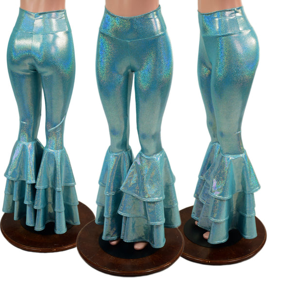 Seafoam Holographic High Waist Triple Tier Bell Bottom Flares - Coquetry Clothing