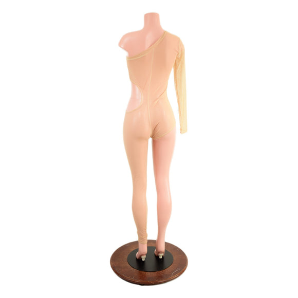 See Through Mesh Asymmetrical Catsuit with Cutout and Siren Cut Leg - Coquetry Clothing