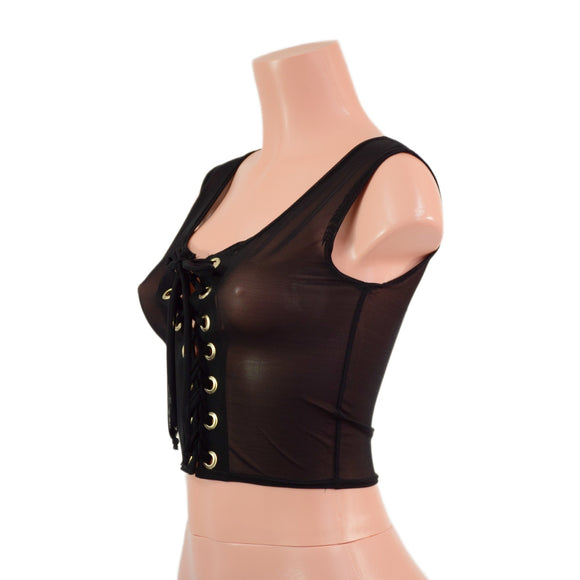 Sheer Black Mesh Laceup Crop Tank - Coquetry Clothing