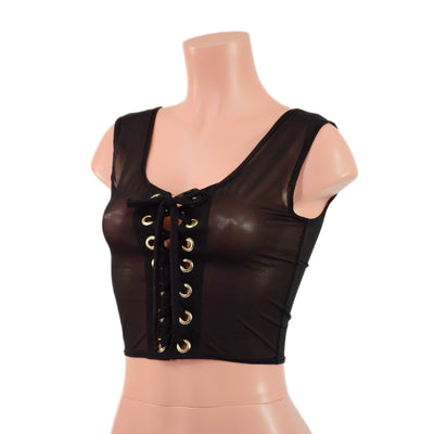 Sheer Black Mesh Laceup Crop Tank - Coquetry Clothing