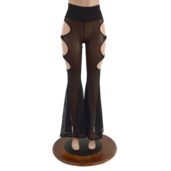 Sheer Black Mesh Solar Flares with Triple Cutouts and O - rings - Coquetry Clothing