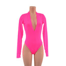 Sheer Neon Pink Mesh Long Sleeve Brazilian Romper with Plunging V Neckline - Coquetry Clothing