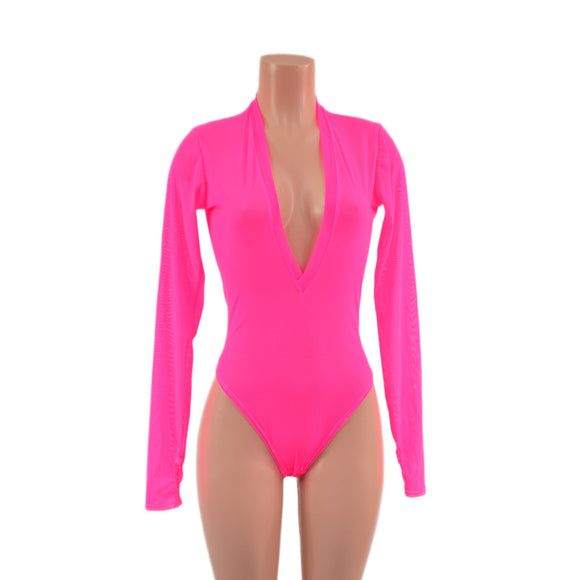 Sheer Neon Pink Mesh Long Sleeve Brazilian Romper with Plunging V Neckline - Coquetry Clothing