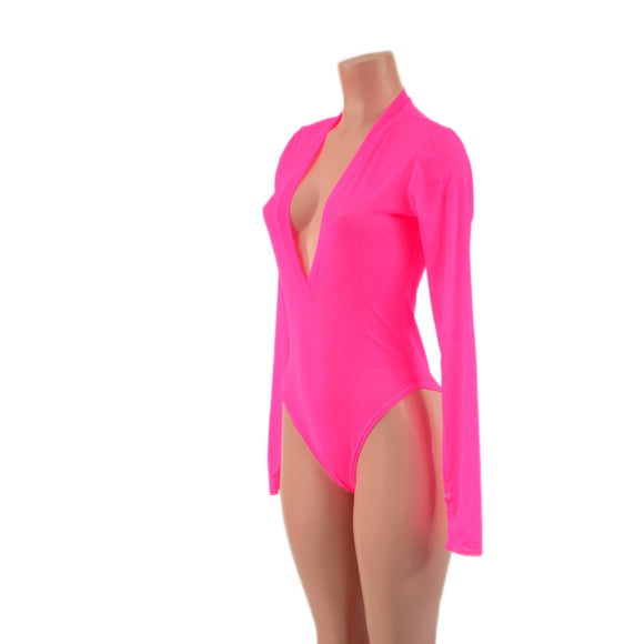 Sheer Neon Pink Mesh Long Sleeve Brazilian Romper with Plunging V Neckline - Coquetry Clothing