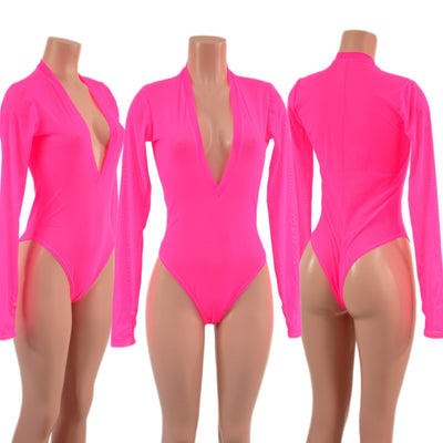 Sheer Neon Pink Mesh Long Sleeve Brazilian Romper with Plunging V Neckline - Coquetry Clothing