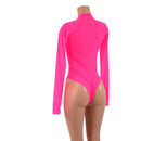 Sheer Neon Pink Mesh Long Sleeve Brazilian Romper with Plunging V Neckline - Coquetry Clothing