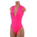 Sheer Neon Pink Mesh Plunging V Neck Romper with Brazilian Cut Leg - Coquetry Clothing