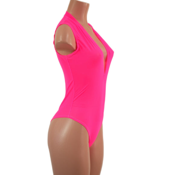 Sheer Neon Pink Mesh Plunging V Neck Romper with Brazilian Cut Leg - Coquetry Clothing