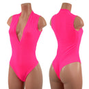 Sheer Neon Pink Mesh Plunging V Neck Romper with Brazilian Cut Leg - Coquetry Clothing