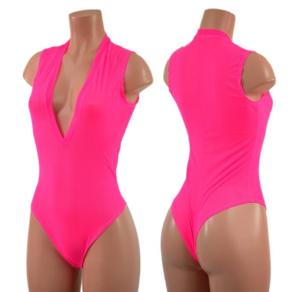 Sheer Neon Pink Mesh Plunging V Neck Romper with Brazilian Cut Leg - Coquetry Clothing