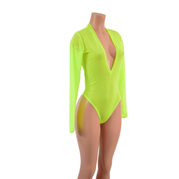 Sheer Neon Yellow Mesh Long Sleeve Brazilian Romper with Plunging V Neckline - Coquetry Clothing