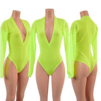 Sheer Neon Yellow Mesh Long Sleeve Brazilian Romper with Plunging V Neckline - Coquetry Clothing