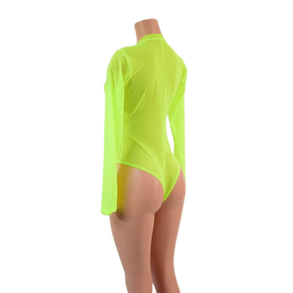 Sheer Neon Yellow Mesh Long Sleeve Brazilian Romper with Plunging V Neckline - Coquetry Clothing