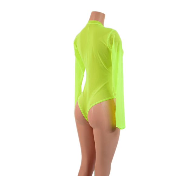 Sheer Neon Yellow Mesh Long Sleeve Brazilian Romper with Plunging V Neckline - Coquetry Clothing