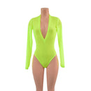 Sheer Neon Yellow Mesh Long Sleeve Brazilian Romper with Plunging V Neckline - Coquetry Clothing