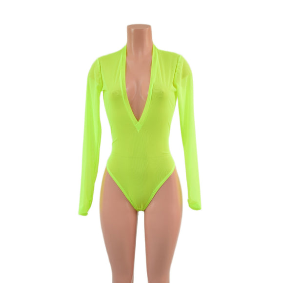 Sheer Neon Yellow Mesh Long Sleeve Brazilian Romper with Plunging V Neckline - Coquetry Clothing