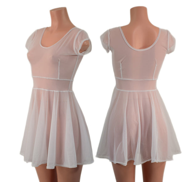 Sheer White Mesh Cap Sleeve Skater Dress - Coquetry Clothing