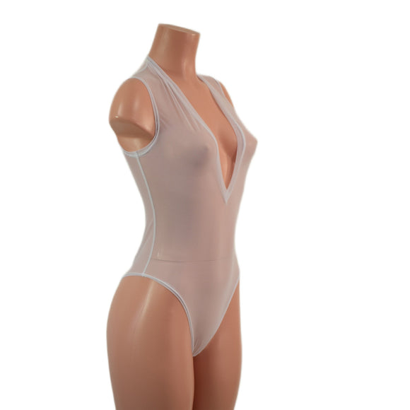 Sheer White Mesh Plunging V Neck Romper with Brazilian Cut Leg - Coquetry Clothing
