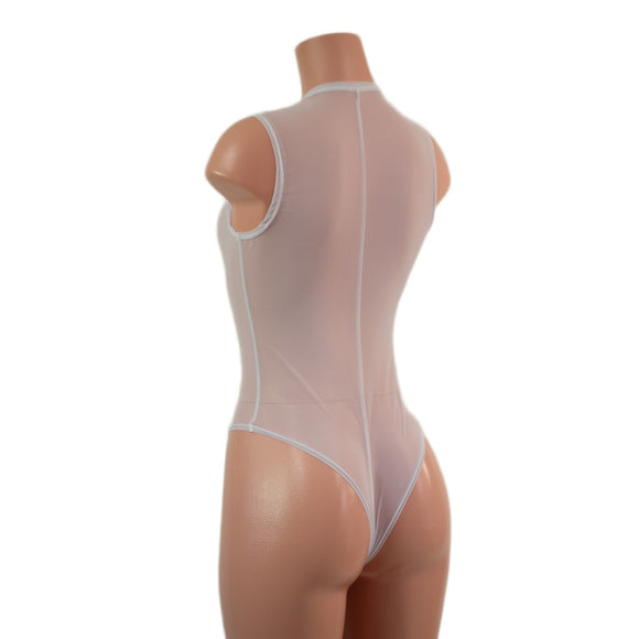 Sheer White Mesh Plunging V Neck Romper with Brazilian Cut Leg - Coquetry Clothing