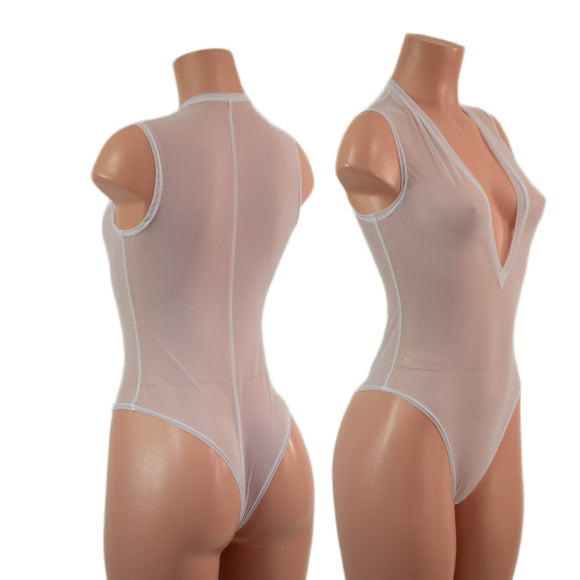 Sheer White Mesh Plunging V Neck Romper with Brazilian Cut Leg - Coquetry Clothing