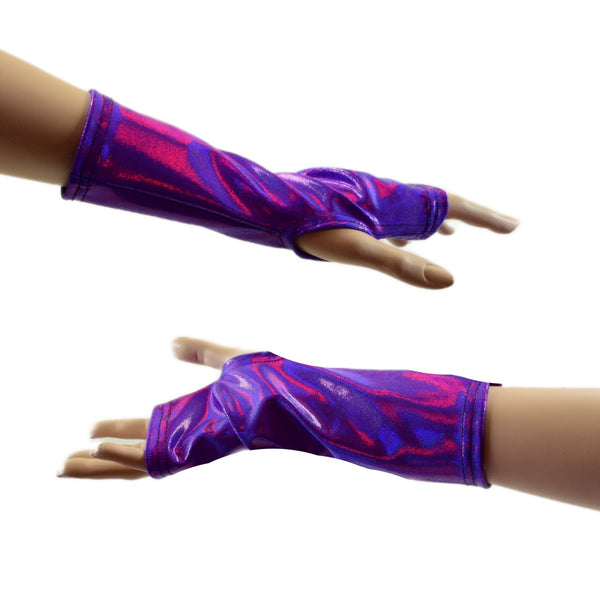 Short Fingerless Gloves in Grape Holographic - 3