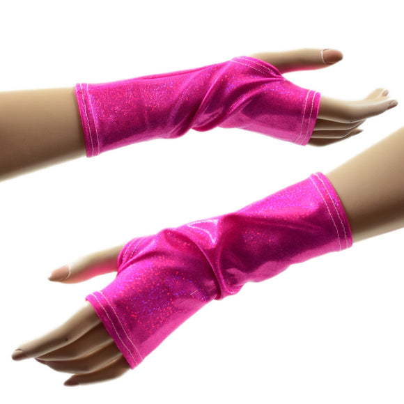 Short Fingerless Gloves in Neon Pink Sparkly Jewel - Coquetry Clothing