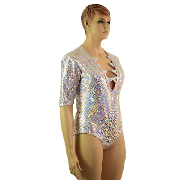 Silver and Pink Fish Scale Romper with Shark Bite Neckline - Coquetry Clothing