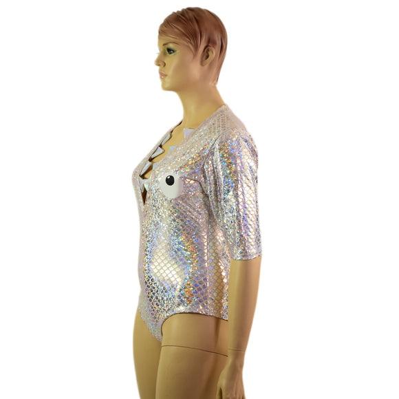 Silver and Pink Fish Scale Romper with Shark Bite Neckline - Coquetry Clothing