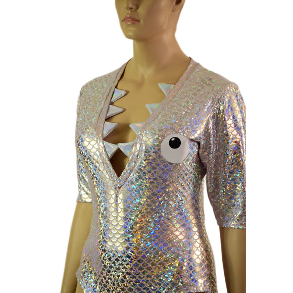 Silver and Pink Fish Scale Romper with Shark Bite Neckline - Coquetry Clothing