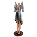 Silver Holographic Hi Lo Skater with Mega Sharp Shoulder Sleeves - Coquetry Clothing