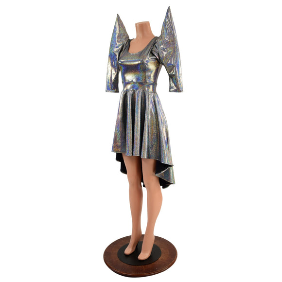 Silver Holographic Hi Lo Skater with Mega Sharp Shoulder Sleeves - Coquetry Clothing