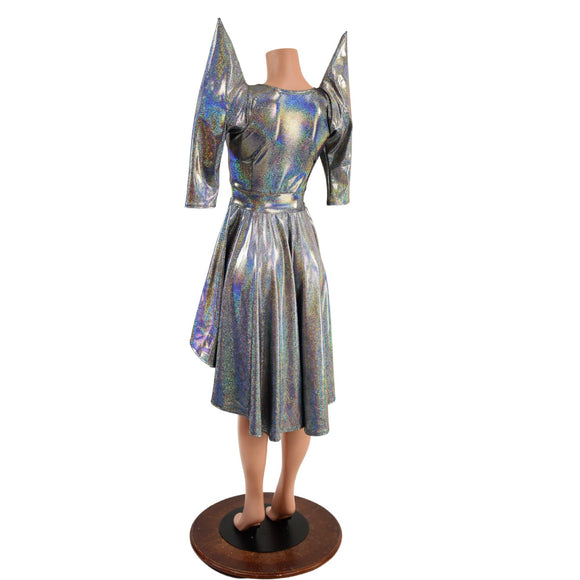 Silver Holographic Hi Lo Skater with Mega Sharp Shoulder Sleeves - Coquetry Clothing