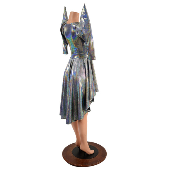 Silver Holographic Hi Lo Skater with Mega Sharp Shoulder Sleeves - Coquetry Clothing