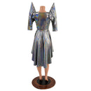 Silver Holographic Hi Lo Skater with Mega Sharp Shoulder Sleeves - Coquetry Clothing