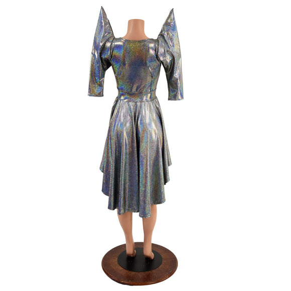Silver Holographic Hi Lo Skater with Mega Sharp Shoulder Sleeves - Coquetry Clothing