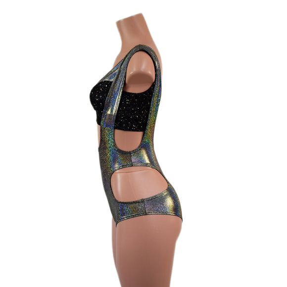 Silver Holographic Hipnotic Suspender Romper and Starlette Bralette Set - Coquetry Clothing