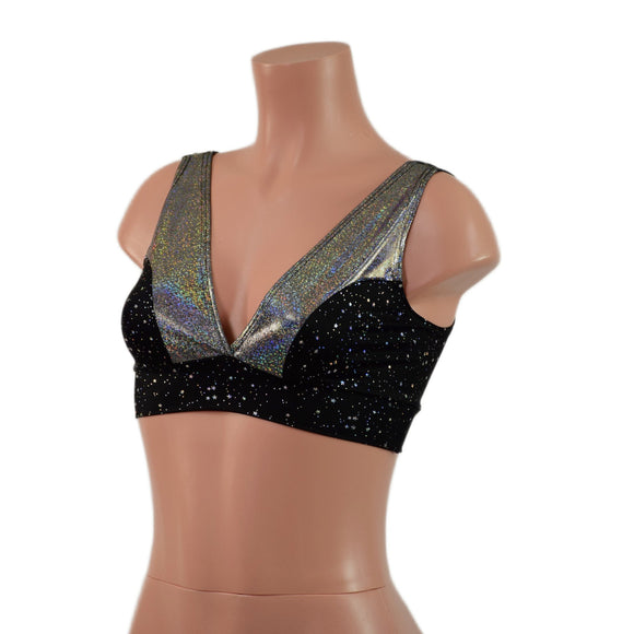Silver Holographic Hipnotic Suspender Romper and Starlette Bralette Set - Coquetry Clothing