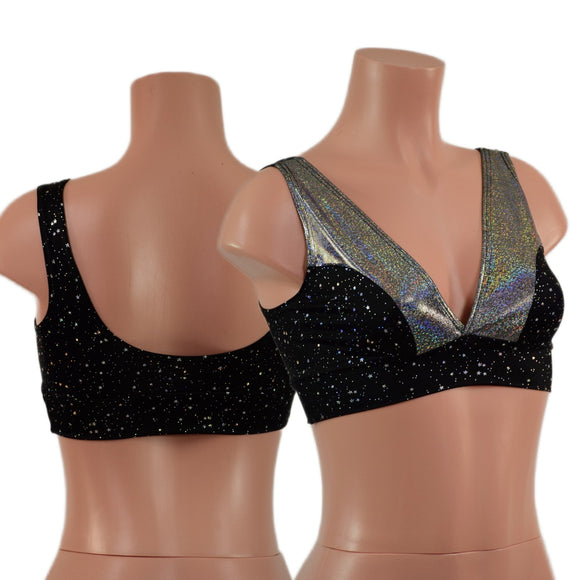 Silver Holographic Hipnotic Suspender Romper and Starlette Bralette Set - Coquetry Clothing