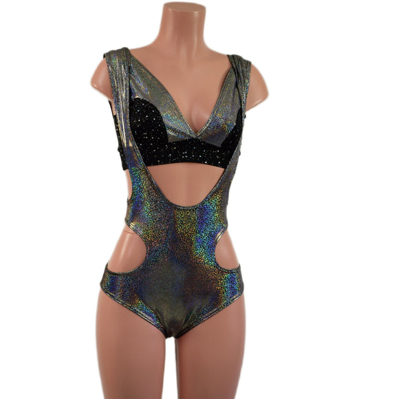 Silver Holographic Hipnotic Suspender Romper and Starlette Bralette Set - Coquetry Clothing