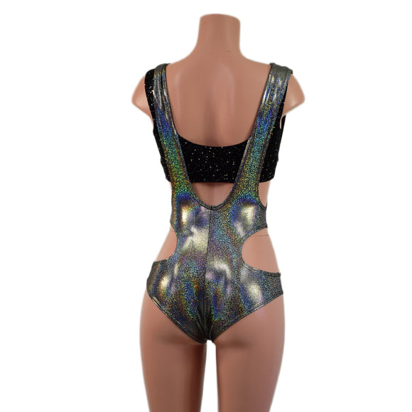 Silver Holographic Hipnotic Suspender Romper and Starlette Bralette Set - Coquetry Clothing