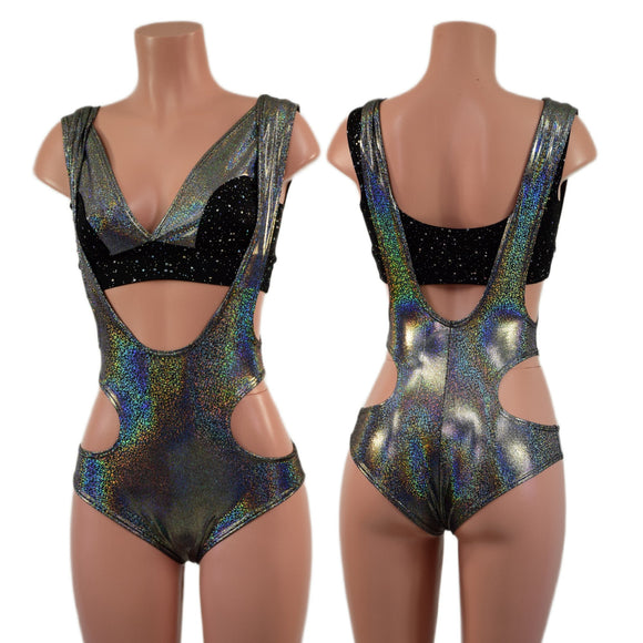 Silver Holographic Hipnotic Suspender Romper and Starlette Bralette Set - Coquetry Clothing
