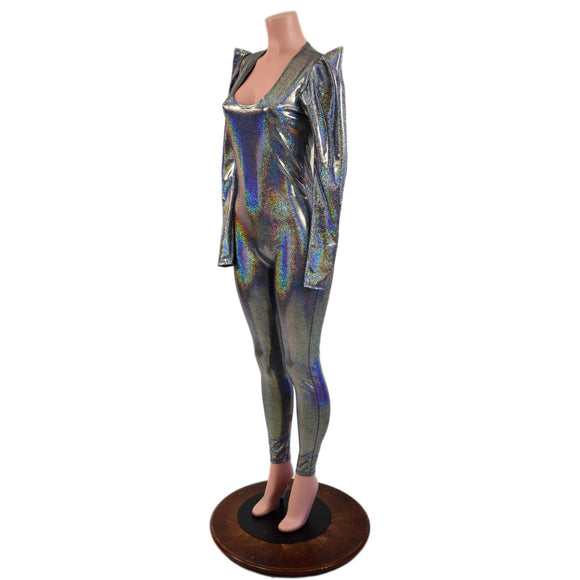 Silver Holographic Sharp Shoulder Catsuit - Coquetry Clothing