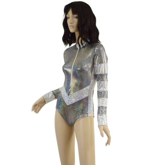 Silver Holographic V Front Color Blocked Stella Romper - Coquetry Clothing