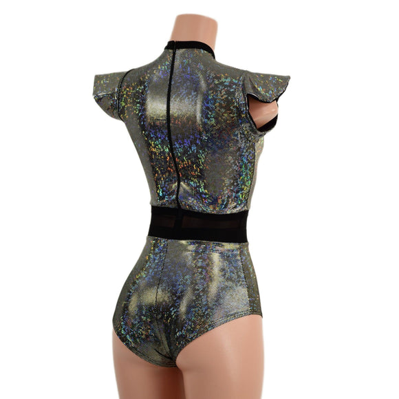 Silver Kaleidoscope Romper with Inset Mesh Keyhole Neckline - Coquetry Clothing