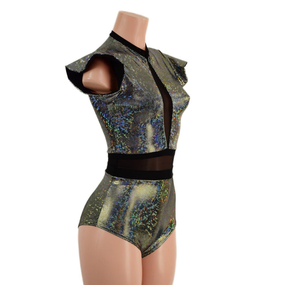 Silver Kaleidoscope Romper with Inset Mesh Keyhole Neckline - Coquetry Clothing